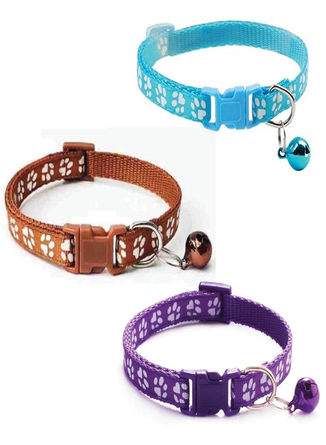 Litvibes Cat Collars Set of 3 with Bell,Kitten & Small Dogs Soft Adjustable Collar Safe,Solid & Protection Breakaway for Cats & Puppies,Cute Kitty Neckband with Paw Print-(Light Blue,Brown,Purple) - Image 1